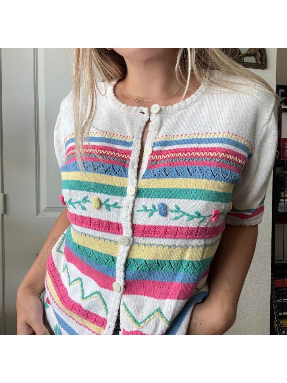 Vintage 90s 2000s Alfred Dunner Colorful Knit Floral Short Sleeve Cardigan Sz L